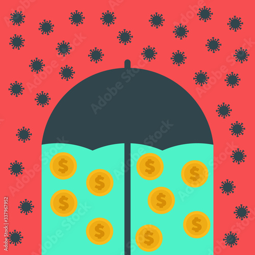 Money under umbrella. Abstract design concept with world coronavirus pandemic and crisis of global financial business system. Creative minimalistic cartoon composition. Vector illustration.