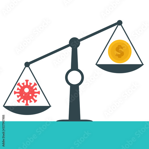 Money and bacteria on scales. Abstract design concept with world coronavirus pandemic and crisis of global financial business system. Creative minimalistic cartoon composition. Vector illustration.