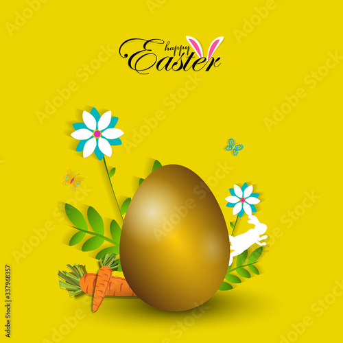 Easter poster and banner template with golden Easter eggs on yellow background.Greetings and presents for Easter Day in flat lay styling.Promotion and shopping template for Easter