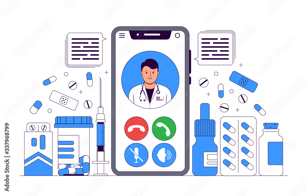 Online Doctor Concept Illustration. Online medical consultation and support. Video call using a smartphone. Doctor and Medication. Vector illustration Online Doctor Concept Illustration. Online medical consultation and support. Video call using a smartphone. Doctor and Medication. Vector illustration