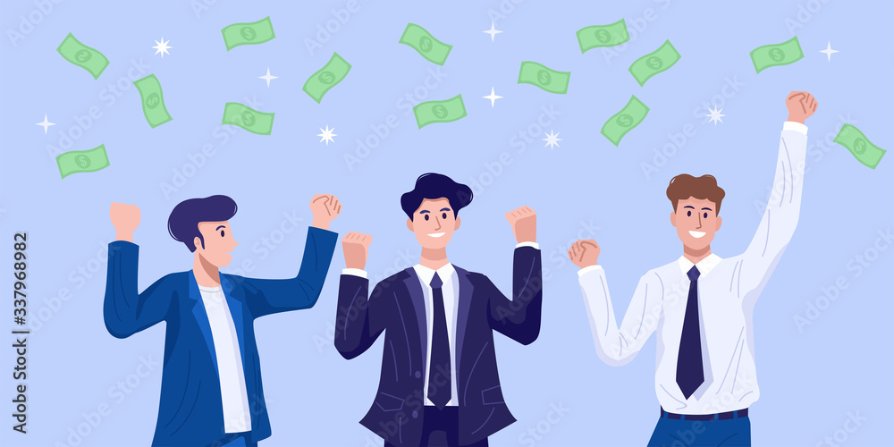 Flat design concept, happy young business people celebrating their success with money flying in the air. Vector Flat design concept, happy young business people celebrating their success with money flying in the air. Vector