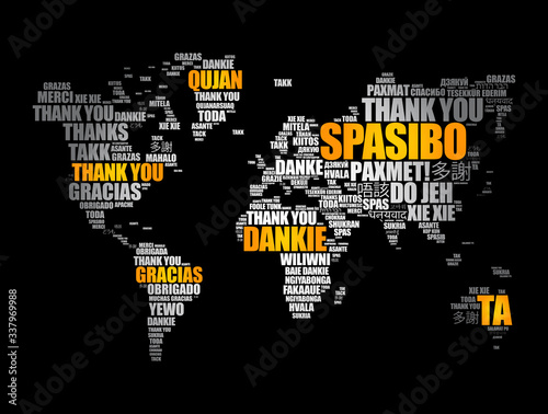 Thank You in many languages World Map in Typography word cloud, multilingual for education or thanksgiving day