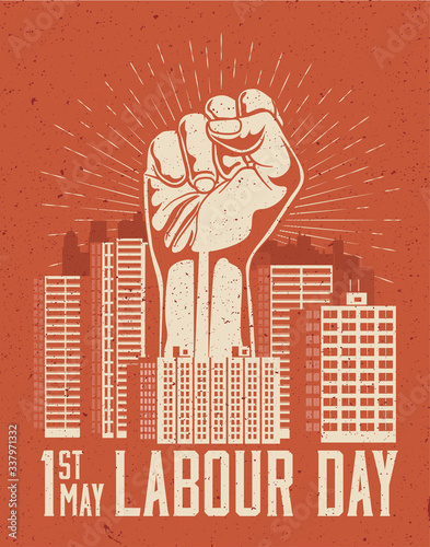 Raised up giant arm fist above red cityscape. 1st May Labour Day poster concept. Vector illustration