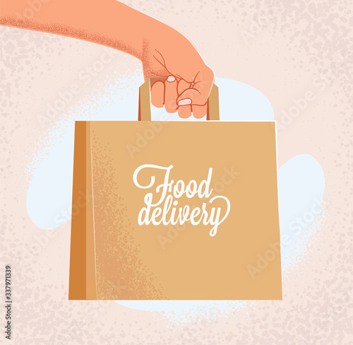 Courier outstretched hand holding craft paper bag with food delivery sign. Delivery food banner concept. Cartoon vintage styled vector illustration