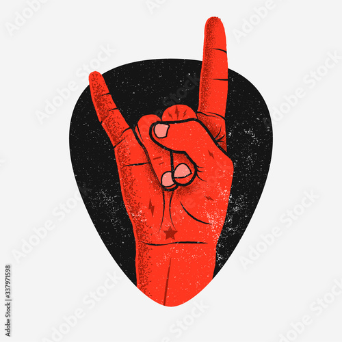 Red rock hand gesture coming out from black guitar pick silhouette. Rock'n'roll music concept for sticker or label or t-shirt or poster design template. Vintage styled vector illustration.