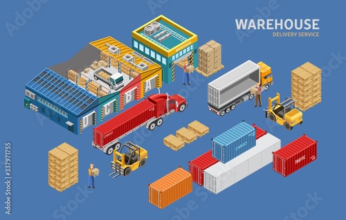 Warehouse building. Different type warehouse transport isometric. Cargo truck delivery concept