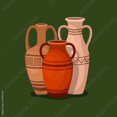 Set of antique amphora with two handles. Ancient clay vases jars, Old traditional vintage pot. Ceramic jug archaeological artefacts. Greek or Roman vessel pottery for wine or oil. Vector illustration