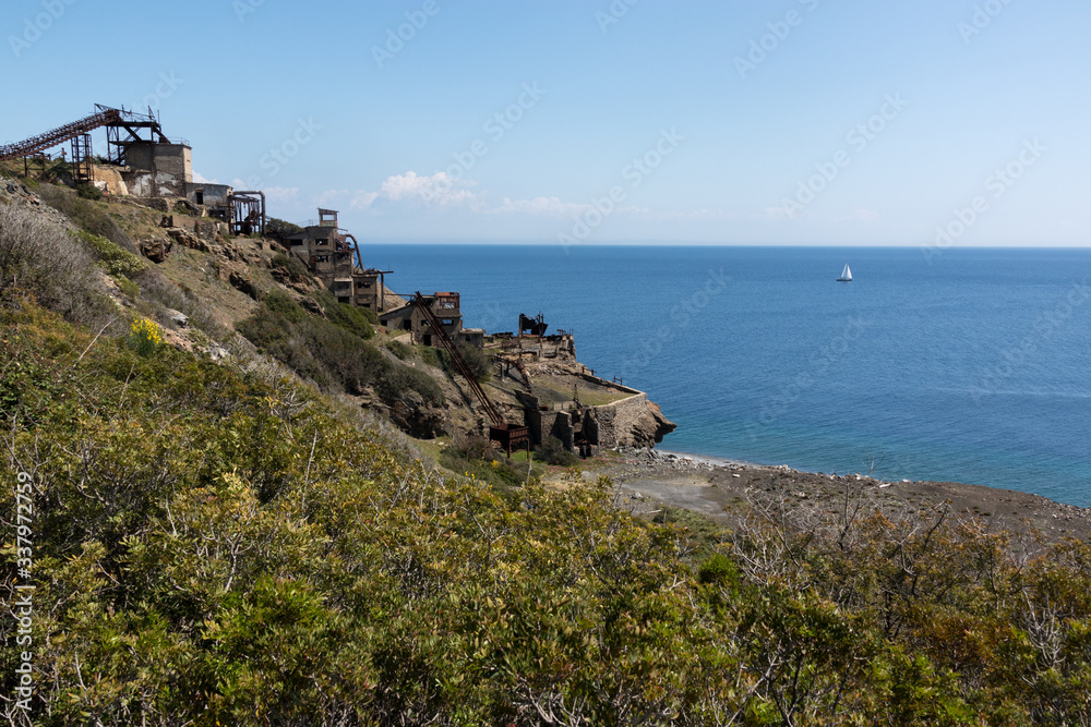 Punta Calamita mines abandoned Building, Old mine remains on Elba island on Tuscan archipelago, Tuscany, Italy