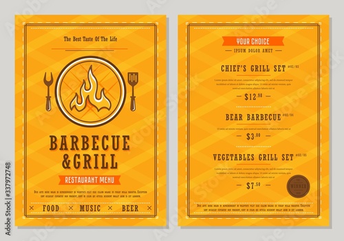 Menu design. Barbecue and grill restaurant menu layout design brochure or food flyer template. BBQ food brochure, cafe template design.