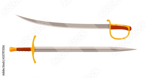 Knight sword and cavalry saber with gold handle isolated on white background. Steel arms, medieval weapon. Vector illustration