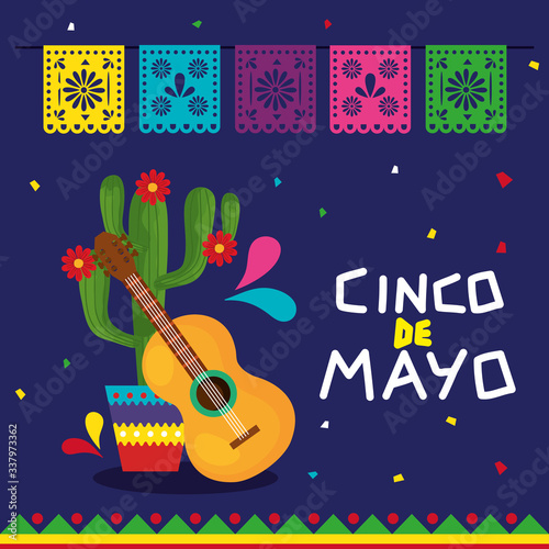 Mexican guitar and cactus design, Cinco de mayo mexico culture tourism landmark latin and party theme Vector illustration