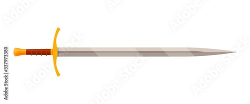 Knight sword with gold handle isolated on white background. Steel arms, medieval weapon. Vector illustration photo