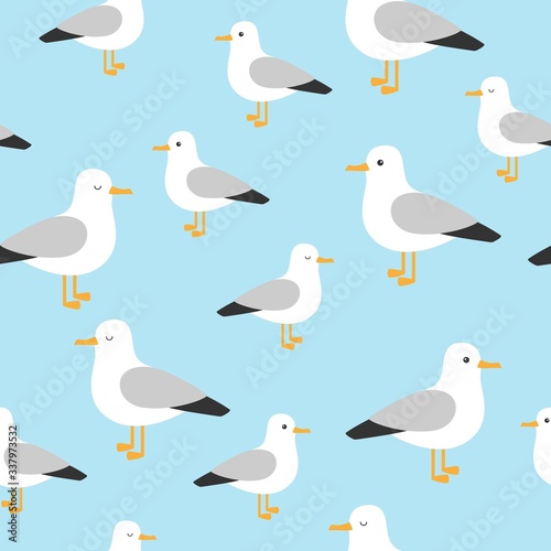 Vector beautiful pattern with seagulls. Sea Gull, a beautiful bird. Cute bird in cartoon style. .