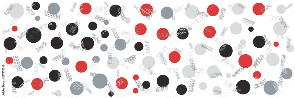 Memphis background for wide banner with dot circle zigzag line pattern. memphis style abstract shapes with geometric triangle and dots. Red and blue, yellow and violet texture made of shapes Memphis background for wide banner with dot circle zigzag line pattern. memphis style abstract shapes with geometric triangle and dots. Red and blue, yellow and violet texture made of shapes