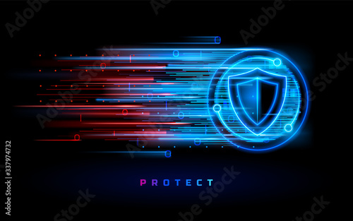 Badge with shield and digital flow. Icon or sign with protection crest. Antivirus and firewall, virus protection background, internet safety symbol, secure and armor, fire wall and anti virus online