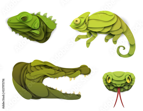 Set of cartoon wild reptiles head in trendy paper cut craft graphic style. Iguana, crocodile, chameleon, snake. Modern design for advertising cover, poster, banner. Vector illustration