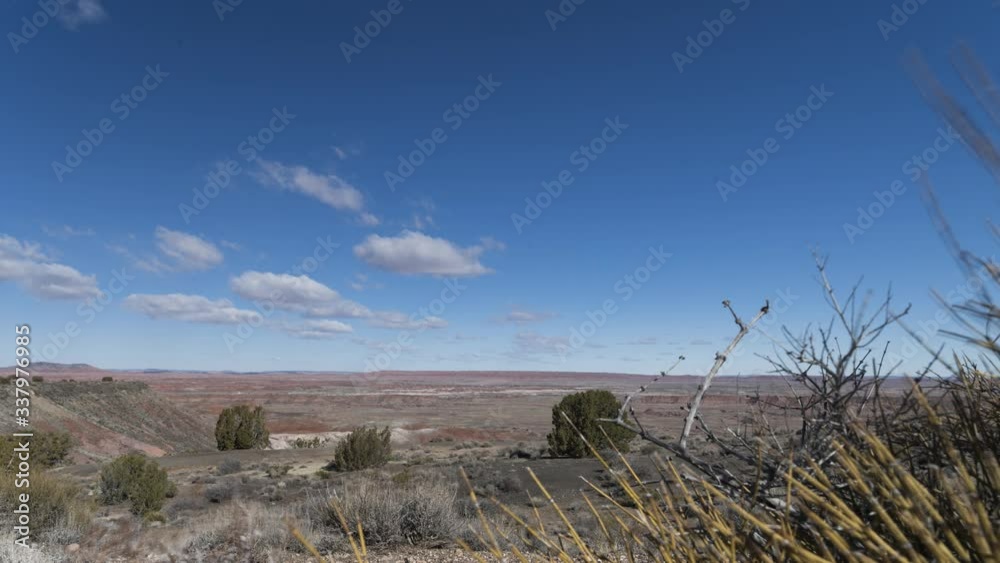 An wide timelapse shot of the Painted Desert near Petrified Forest, as clouds rush past and vegetation moves in the breeze. An wide timelapse shot of the Painted Desert near Petrified Forest, as clouds rush past and vegetation moves in the breeze.
