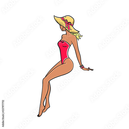 Beautiful young woman in red swimsuit and straw hat on a white background.Cartoon girl in a bathing suit on the beach. Stock vector isolated illustration.