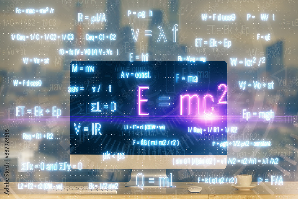 Fototapeta premium Desktop computer background and formula hologram writing. Double exposure. Education concept.