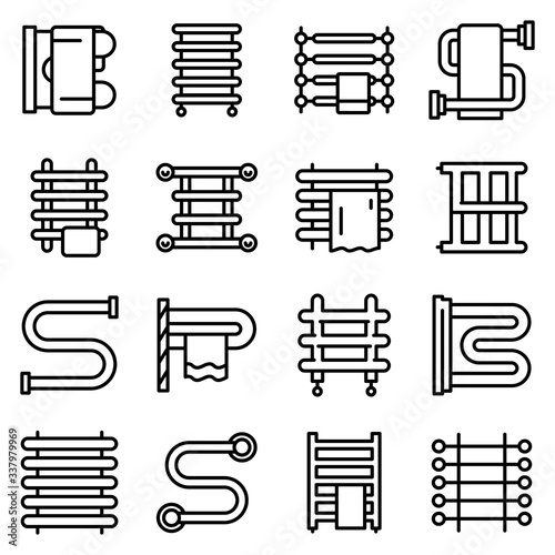 Heated towel rail icons set. Outline set of heated towel rail vector icons for web design isolated on white background