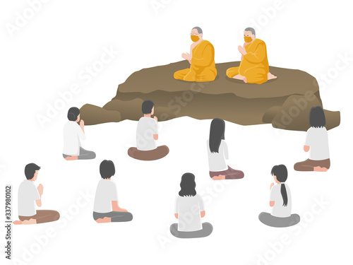 Sermon, People Listening to Dharma, Monks teach and talk, Social Distancing, keep distance for infection risk and disease, for prevent virus Covid-19.Corona virus. Health care concept.