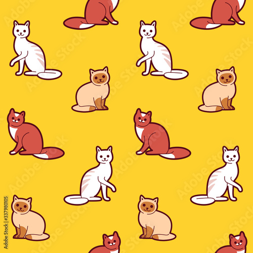 Simple seamless trendy animal pattern with different breeds of cats. Cartoon vector illustration.