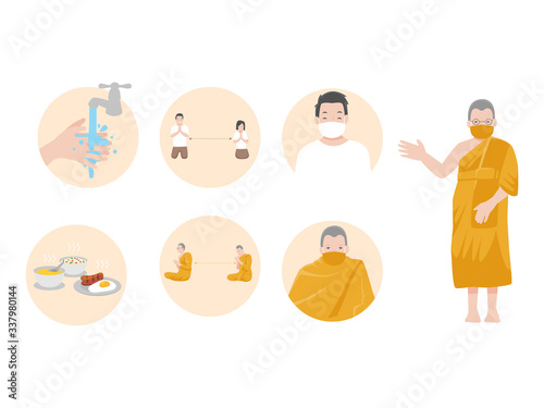 Info graphic elements the signs and corona virus, Monk and people with different Prevention of COVID - 19, Health care concept.