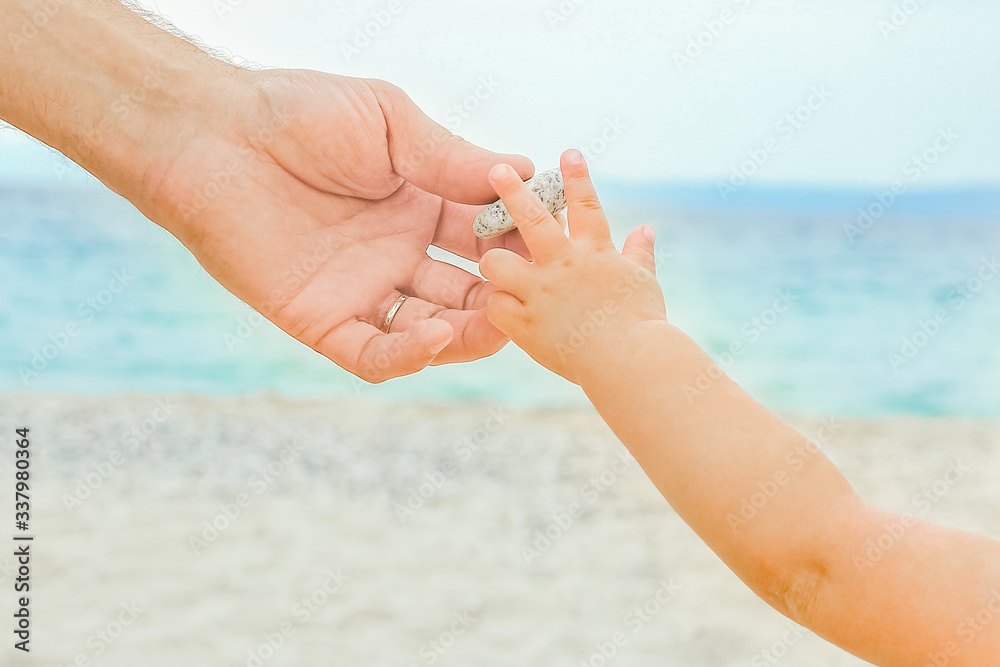 beautiful hands of a happy parent and child by the sea in nature beautiful hands of a happy parent and child by the sea in nature