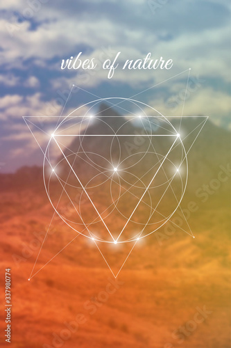 Sacred geometry inspired vector illustration with interlocking circles and triangles.