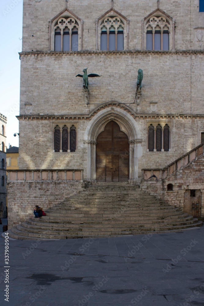 Main entrance to Palazzo dei Priori historical building in Perugia, Italy