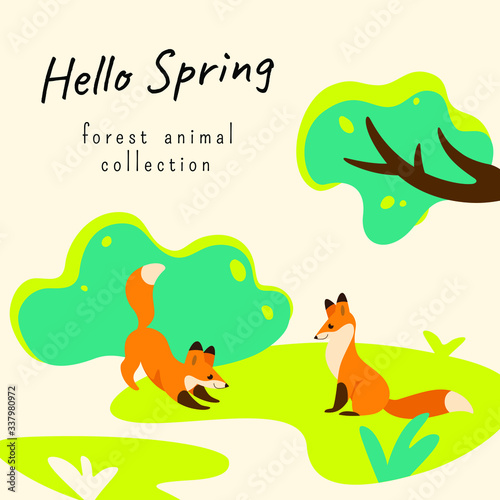 Cartoon banner with wild animal -  cartoon foxes in forest. Vector illustration in colorful style.