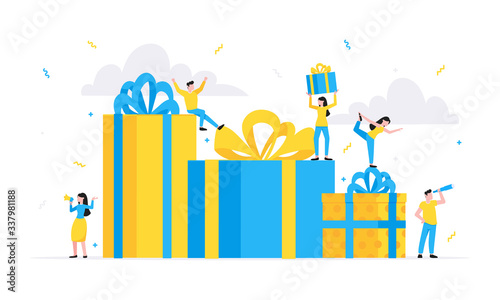 Online reward flat style design vector illustration business concept. Big gift boxes and tiny people standing up and shouting out to the people. Presents for new costomers and refer a friends.