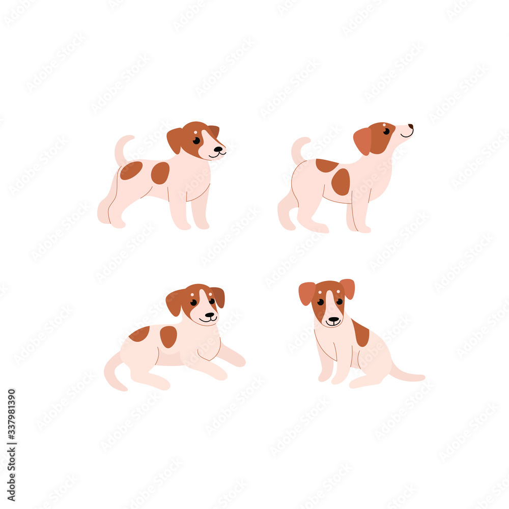 Cartoon dog icon set. Different poses of Jack Russell Terrier. Vector illustration for prints, clothing, packaging, stickers.
