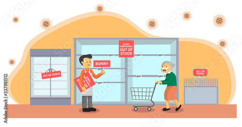 Coronavirus Covid-19 virus panic situations. Vector illustration all product out of stock. People are afraid, scare and panic buying.
