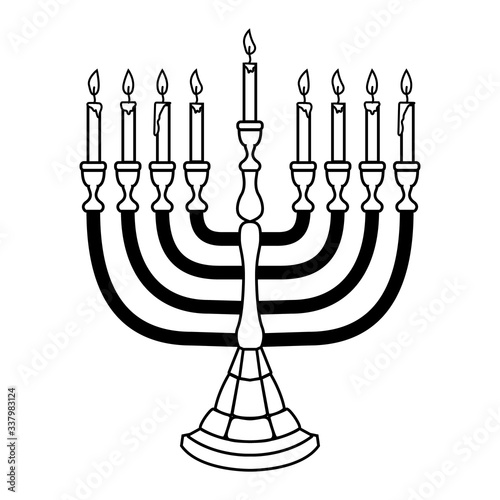 Illustration of Hanukkah candle in engraving style isolated on white background. Design element for poster, card, banner, sign, emblem. Vector image