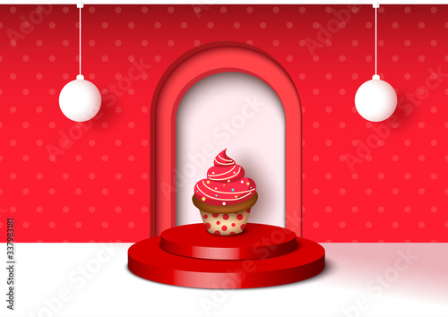 Cupcake on red podium 3d background