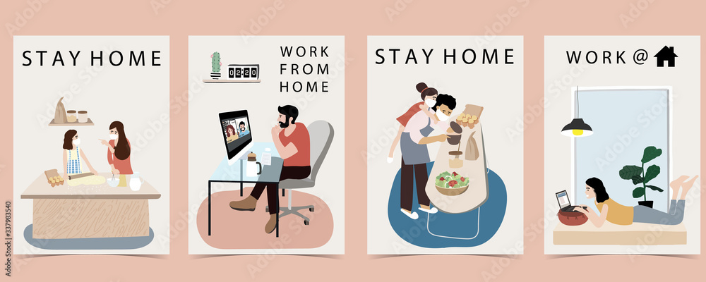 people who freelancers is cooking and working on laptop and computer at home.Woman and man at home in quarantine