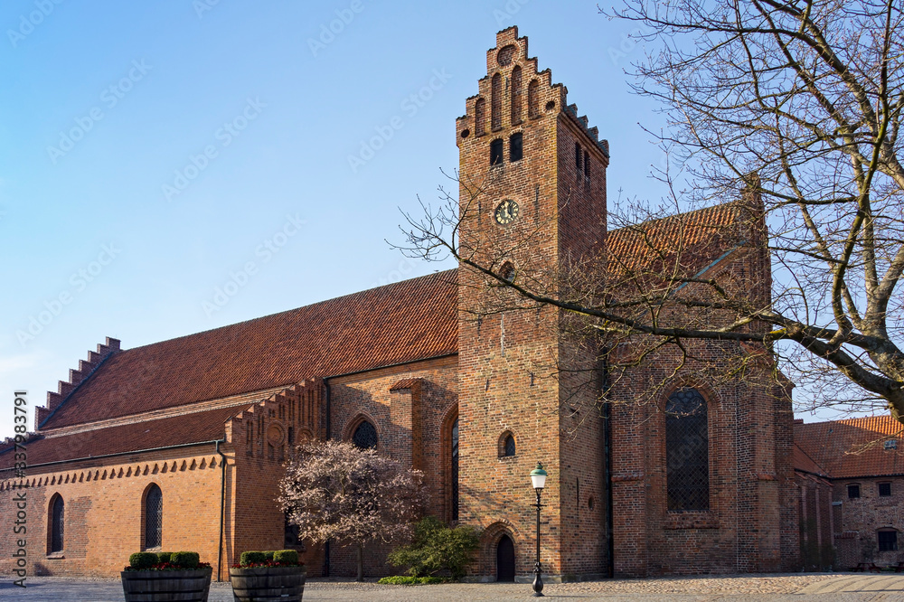 View to the old church Greyfriars Abbey in the centre of the Swedish town Ystad, interesting brick architecture.