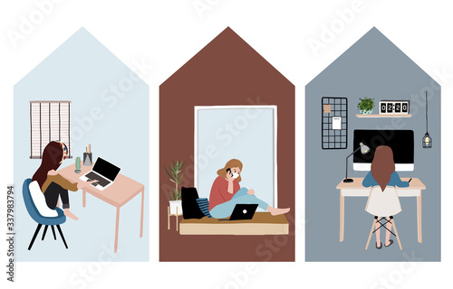 people who freelancers is working on laptop and computer at home.Woman at home in quarantine