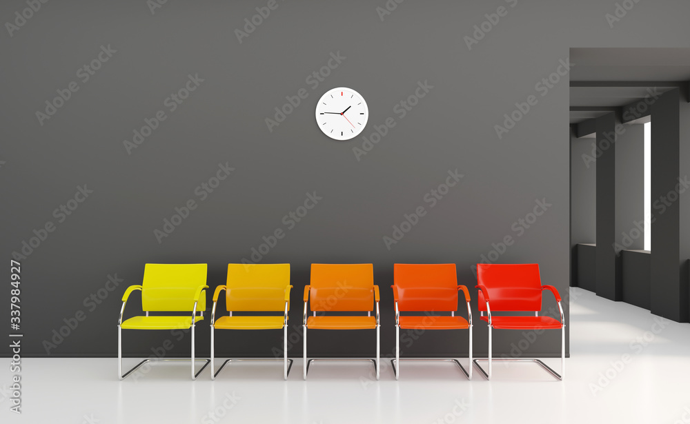 Clinic waiting room space corridor with colored seats and wall clock and large windows 3D render