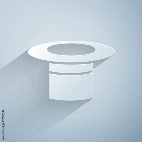 Paper cut Magician hat icon isolated on grey background. Magic trick. Mystery entertainment concept. Paper art style. Vector Illustration