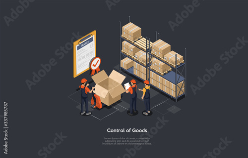 Isometric Team Control of Goods Concept. Warehouse Workers Are Checking Goods, Certificate Of Quality With Checkmark, Cardboard Parcel Boxes Control, Process of Packaging Cargo. Vector Illustration