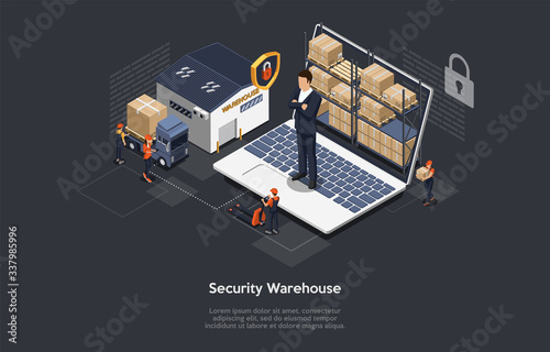 Isometric Concept Of Warehouse Security, Safe Logistics Delivery Service And Staff. Workers Are Sorting, Scanning Goods. Security Manager Is Monitoring The Process, Ensure Safety. Vector illustration