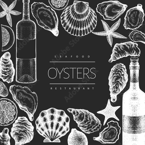 Oysters and wine design template. Hand drawn vector illustration on chalk board. Seafood banner. Can be used for design menu, packaging, recipes, label, fish market, seafood products.