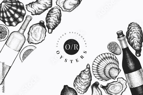 Oysters and wine design template. Hand drawn vector illustration. Seafood banner. Can be used for design menu, packaging, recipes, label, fish market, seafood products.