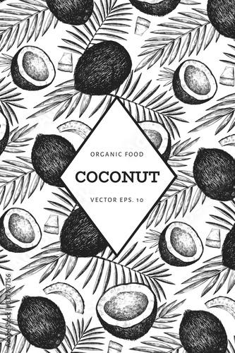 Coconut with palm leaves design template. Hand drawn vector food illustration. Engraved style exotic plant. Retro botanical tropical background.