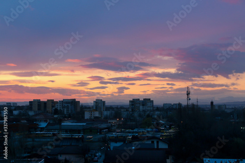 Beautiful sunset above the city skyline , The city of Ploiesti, Romania with a beautiful sun