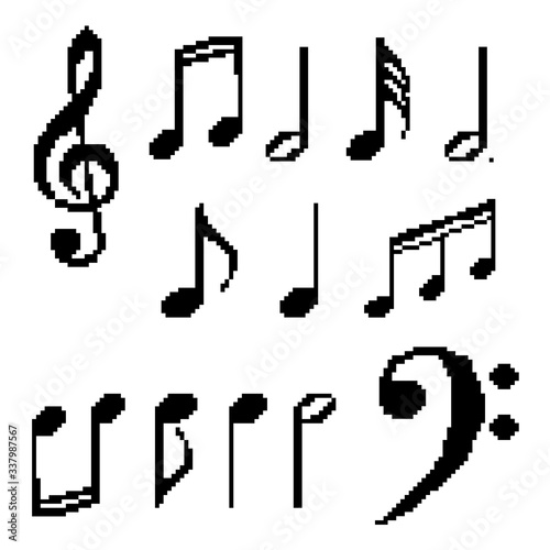 Set of pixel music notes, treble clef, bass clef. Pixel art 8 bit vector.