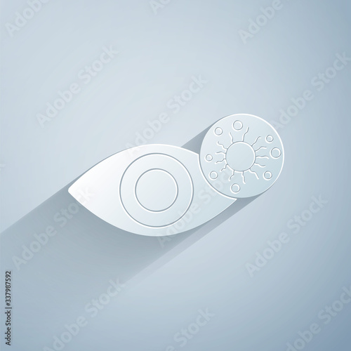 Paper cut Reddish eye due to virus, bacterial or allergic conjunctivitis icon isolated on grey background. Paper art style. Vector Illustration