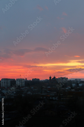 Beautiful sunset above the city skyline , The city of Ploiesti, Romania with a beautiful sun